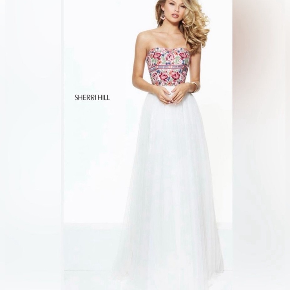 Sherri Hill Embroidered Floral 50343 Strapless Tulle Prom Dress Size 12